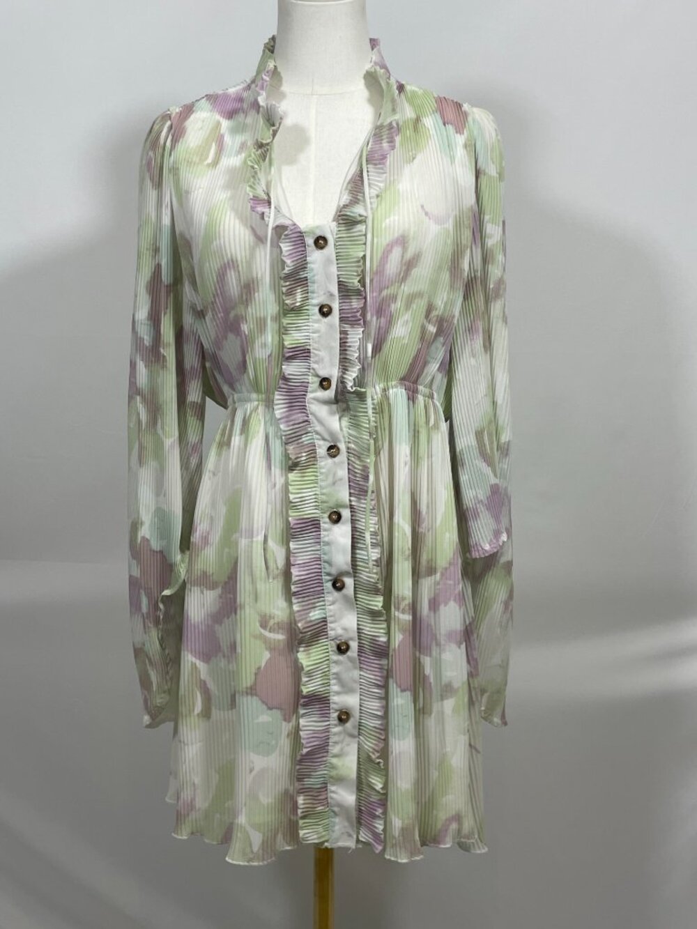 Avantlook Pleated Floral Plissé Ruffle Mini Dress Green Purple White Size S